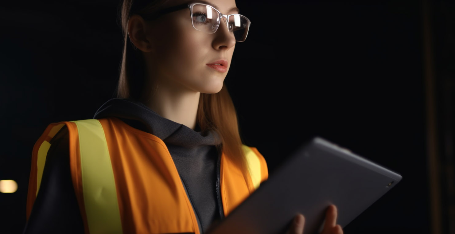 Safety worker in a high-visibility vest reviewing a tablet